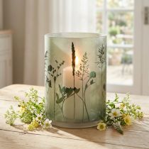 Artikel Windlicht Glas Weiß Grün H24cm mit Wiesenmotiv