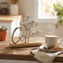 Artikel Metall Holz Aufsteller Coffee Silber Natur 25x5x26cm