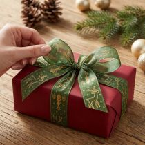 Artikel Weihnachtsband mit Drahtkante Rentier-Motiv Grün-Gold 25mm x 18m