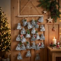 Artikel Adventskalender zum Befüllen aus Stoff und Filz mit Holzstab H110cm Grau-Weiß