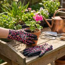 Artikel Kixx Gartenhandschuhe Polyester Latex Schwarz Rosa Blumen Größe 8