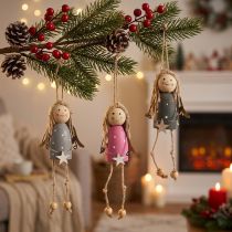 Artikel Holzengel zum Hängen in Grau und Pink, 7,5 cm, Set mit 6 Figuren
