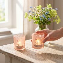 Artikel Windlicht aus Glas mit Blumenmuster in Rosa, 8 cm, 4 Stück