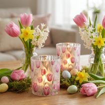 Artikel Windlicht aus Glas mit Tulpenmotiv 12,5 cm rosa-weiß 2 Stück