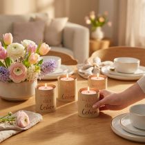 Artikel Windlicht Metall „Liebe das Leben“ Beige-Gold Ø9cm H10cm 4er-Set
