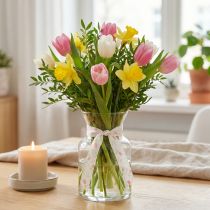Artikel Geschenkband Polyester Tulpenmuster 2,5cm x 18m Gelb-Weiß