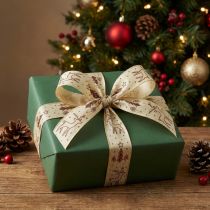 Artikel Geschenkband Drahtkante Creme Braun Rentiermotiv 25mm x 18m Baumwollmischgewebe