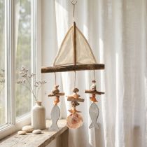 Artikel Windspiel aus Holz mit Segelschiff und Fischen, Weiß und Natur, 56 cm