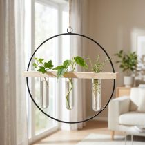 Artikel Hängende Reagenzglas-Deko-Vase mit Metallring, Holzleiste und Naturfaser, Ø28 cm, Schwarz/Natur