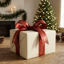 Artikel Polyester Weihnachtsband Rot Gold Christmas Time 15mm x 20m für Dekoration und Geschenkverpackung