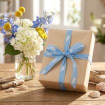 Artikel Geschenkband Blau 15mm mit Maritim-Motiv 20m aus Polyester