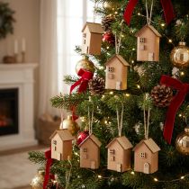 Artikel Deko Häuschen aus Holz 9-teilig Christbaumschmuck rotbraun 6-7 cm
