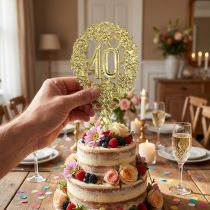 Artikel Jubiläumszahl „40“ aus geprägtem Karton mit Steckdraht, Gold, Ø 8 cm, 10 Stück