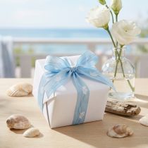 Artikel Geschenkband Stoff blau mit Papierboot-Motiv 25 mm x 20 m