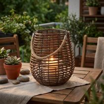 Artikel Deko-Windlicht aus Holz mit Glaseinsatz und Jutehenkel Ø23cm H27cm Braun