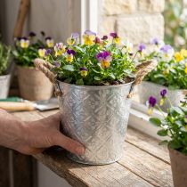 Artikel Blumentopf Metall Ø18cm mit Jutegriffen und Blumenmuster für Innen- und Außendekoration