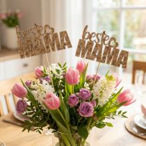 Artikel Blumenstecker „Beste Mama“ Holz Gold Glitter 10×6cm 12 Stk