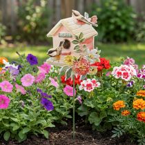 Artikel Gartenstecker aus Metall mit Vogelhaus und Blumenmotiv, Grün, Bunt, 76,5cm