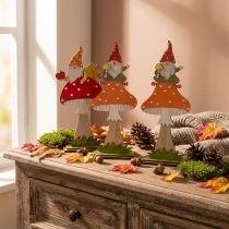Artikel Fliegenpilz Holzdeko mit Wichteln, H21/19,5cm, Orange/Rot, 4er-Set, Herbstdekoration Innenbereich