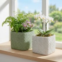 Artikel Keramik-Übertopf-Set mit Netz-Relief 17x17x15cm in Weiß und Grün, 2 Stück