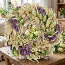 Artikel Trockenblumenkranz ø 26 cm mit natürlichen und violetten Akzenten für Frühling und Sommerdekoration