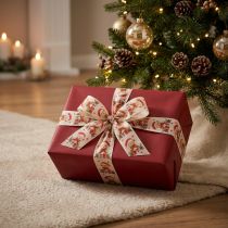Artikel Geschenkband Stoff 40mm Bär Weihnachtsmütze Geschenke Creme Rot Grün 15m