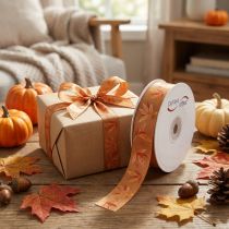 Artikel Geschenkband aus Kunstseide mit Blättermotiv 25mm 18m in Herbstfarben