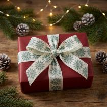 Artikel Weihnachtsband Baumwolle Polyamid mit Schneeflockenmotiv Grün Weiß 25mm x 20m