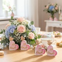 Artikel Herz-Dekoration aus Holz mit Maus und Schriftzug „Wir platzen vor Glück“, H 8 cm, 4 Stück
