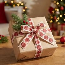 Artikel Dekoband Schneeflocken Baumwollmix 25mm 20m Weiß Rot Geschenkdekoration