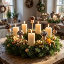 Artikel Blumenstecker aus Holz mit Zapfen-Pilzkappe, 4,5 cm, Natur und Beschneit, 12 Stück