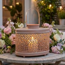 Artikel Deko-Laterne oval aus Metall in Lachsrosa, 27×16×23 cm, Windlicht mit Henkel