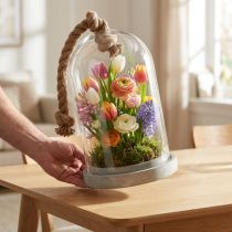 Artikel Glasglocke mit Sockel in Betonoptik und Seil, Ø17cm H28cm, Glas und Naturfaser