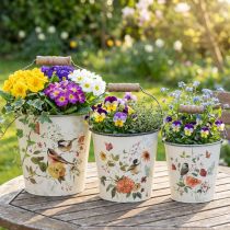 Artikel 3er-Set Übertöpfe Metall Eimer mit Henkel Ø14/11/9,5cm Creme Vogel-Blumen-Motiv
