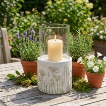 Artikel Windlicht aus Glas mit Sockel, Ø 17 cm, H 32 cm, Weiß mit Blumenmotiv