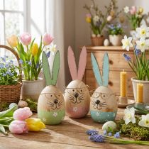 Artikel Holz Osterhasen-Figuren mit Metallohren und Brille Ø5cm H13,5cm 3 Stück, Pastellfarben