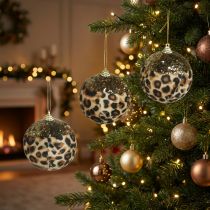 Artikel Weihnachtskugeln Kunststoff Leopard Muster mit Glitzer 7cm 3 Stück