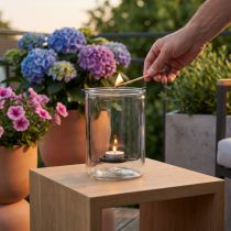 Artikel Windlicht aus Glas mit herausnehmbarem Teelichthalter aus schwarzem Metall, Ø13,5×H20cm