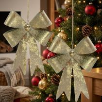 Artikel Weihnachtsschleifen aus Metall mit Jutekordel, Gold, Antik-Optik, 18 × 12,5 cm, 2er-Set