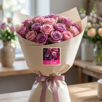 Artikel Quadratische Kunststoff-Etiketten „Für Dich“ mit Rosenmotiv 3,5 x 3,5 cm Lila 500 Stück