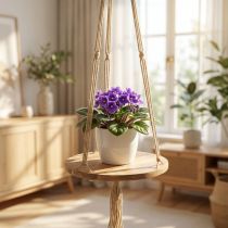 Artikel Pflanzenschaukel aus Holz mit Jutekordel, Makramee, Ø34cm, L84cm, natur