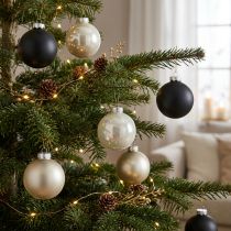 Artikel Christbaumkugeln aus Glas in Schwarz, Silbern, Perlmutt Ø 7,5 cm H 8,5 cm 12 Stück