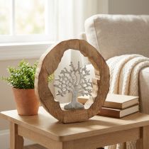 Artikel Deko-Skulptur Baum im Holzring aus Mangoholz und Aluminium 22×21×4cm Natur/Silbern Tischdekoration