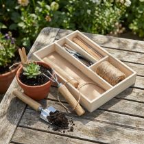 Artikel Gartenwerkzeug-Set aus Holz, Kleingeräte in Box 22×15×5,5 cm, naturfarben
