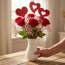 Artikel Holz-Blumenstecker Herz Rot, Dekostecker 31–33 cm, 24 Stück, 4-fach sortiert