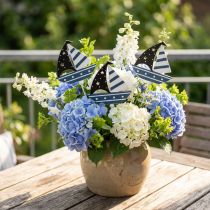 Artikel Maritime Deko-Schiffchen aus Holz 7 cm auf Stab, 14 Stück, Blau, Weiß, Natur