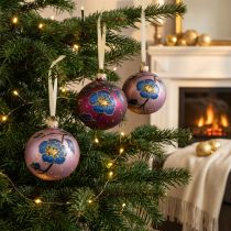 Artikel Glas-Christbaumkugeln Lila mit Blumenmotiv Ø 8 cm 6-teilig