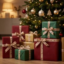 Artikel Polyester Weihnachtsgeschenkband Beige mit „Ho Ho Ho“-Motiv 15mm x 15m