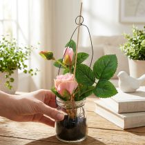 Artikel Rose im Glas Rosa H23 cm mit Metallhaken, Kunststoff und Glas