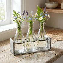 Artikel Flaschenset aus Glas mit Holzträger, Grau-Weiß, 24x8x20 cm, Dekoration